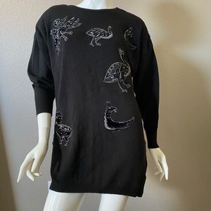 ESCADA Vintage Wool Sweater Dress Suede & Rhinestone Birds Embelished.